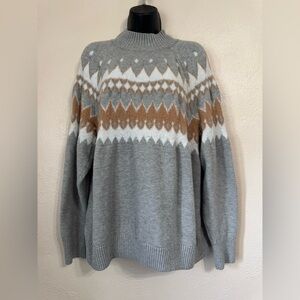 Lane Bryant Gray Turtleneck Sweater with White & Brown Fair Isle 0542